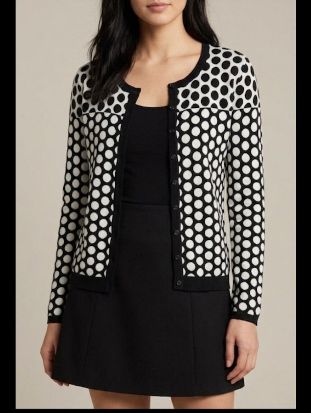 Polkadot Cardigan Sweater L Foxcroft Black & White